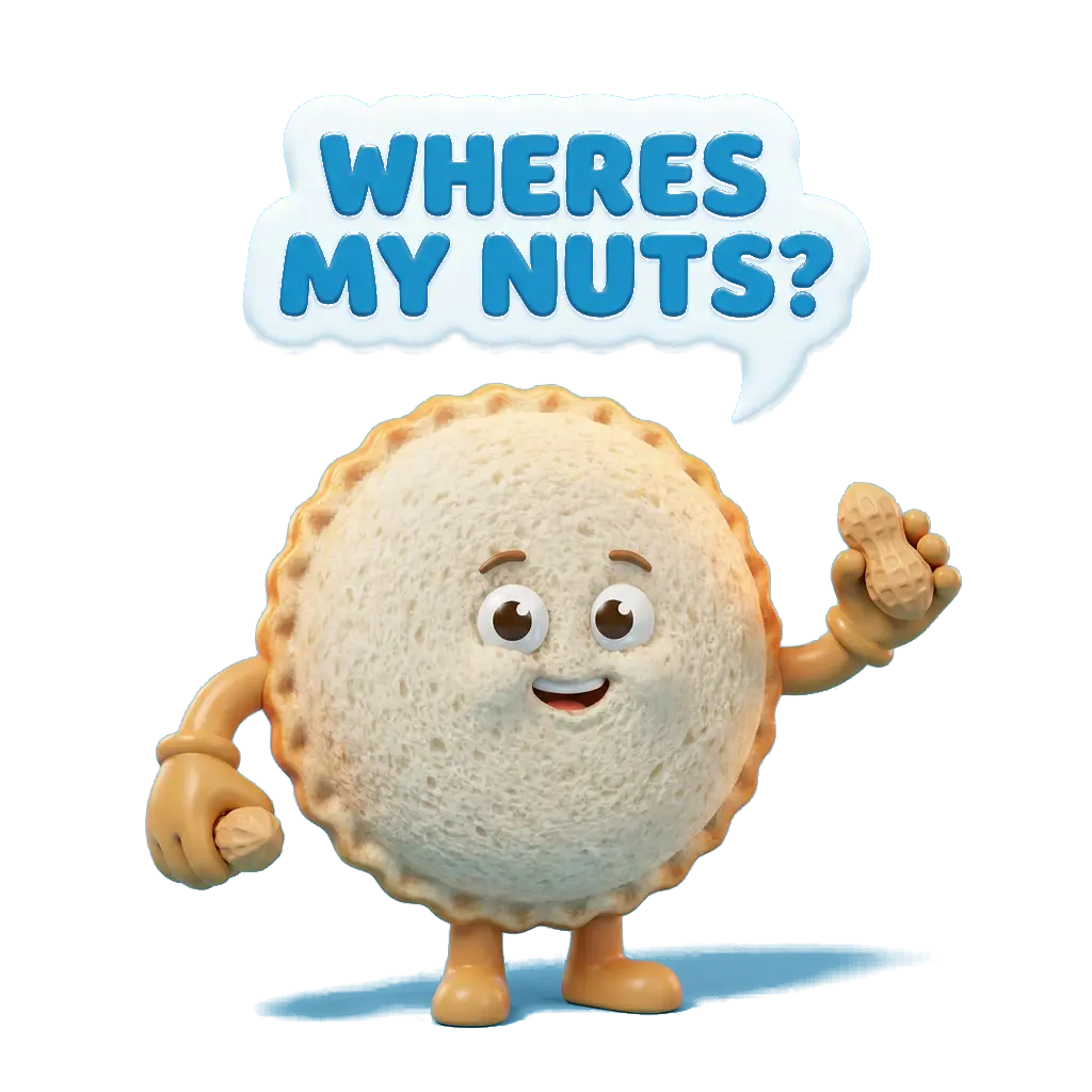 Nutty — the Uncrustables mascot holding a peanut and demanding 'WHERE'S MY NUTS?'